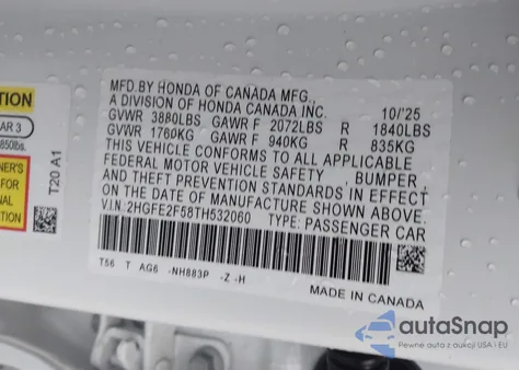 2026 Honda Civic Sport из США, поврежденный, VIN 2HGFE2F58TH532060